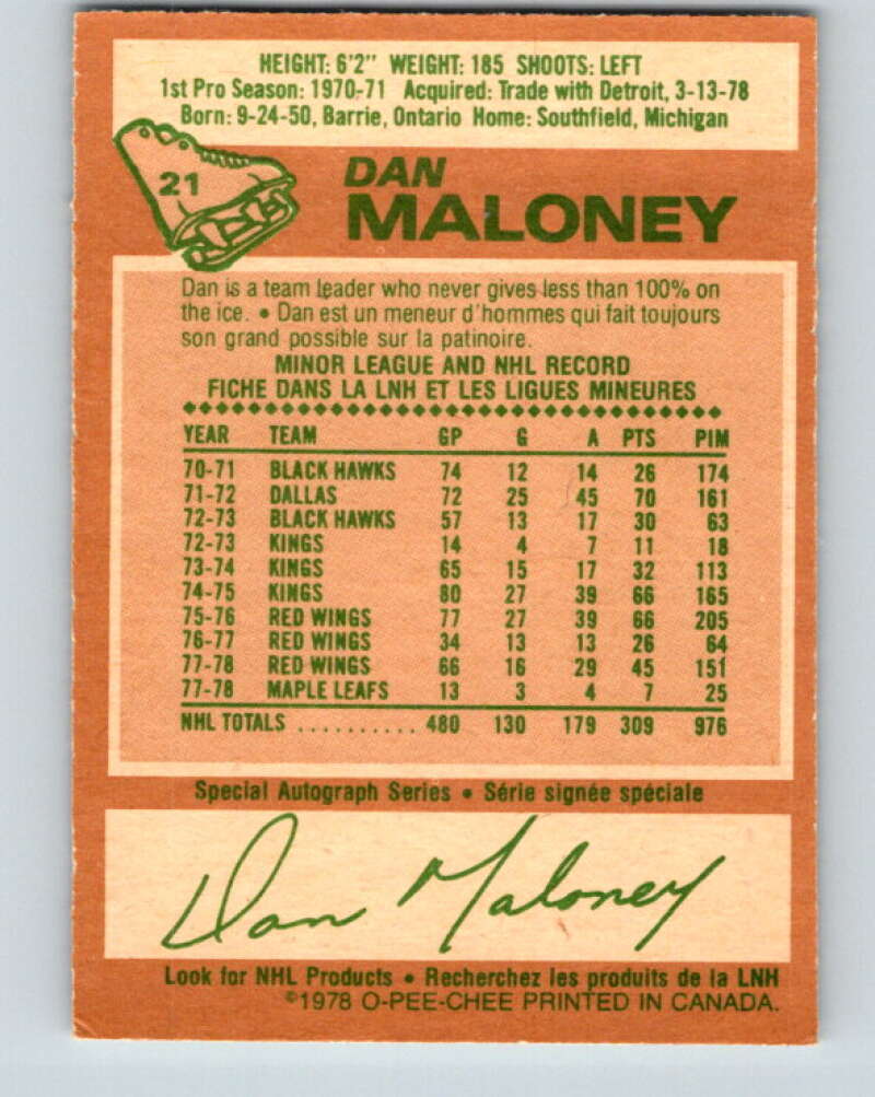 1978-79 O-Pee-Chee #21 Dan Maloney  Toronto Maple Leafs  V21088