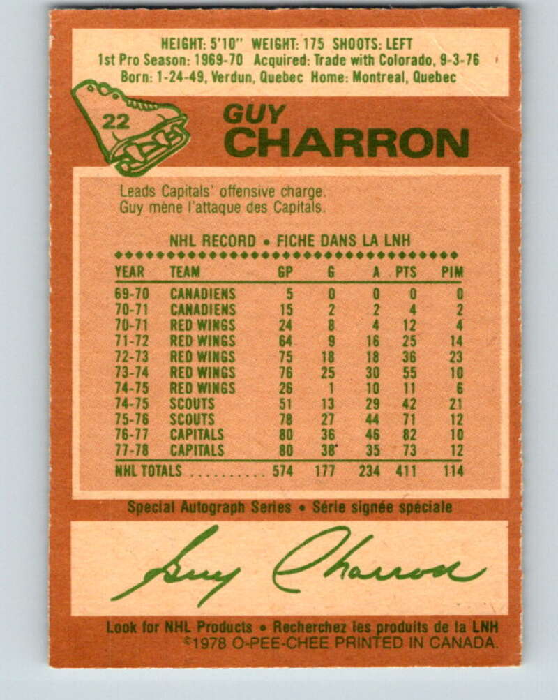1978-79 O-Pee-Chee #22 Guy Charron  Washington Capitals  V21099