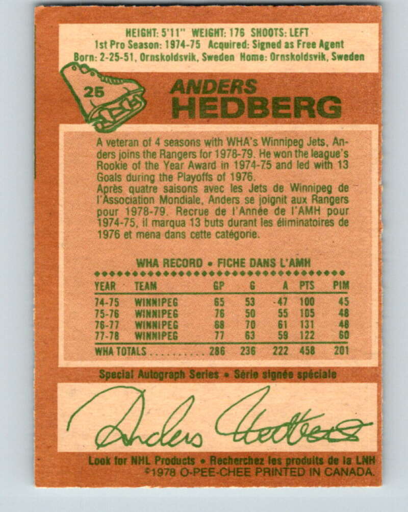 1978-79 O-Pee-Chee #25 Anders Hedberg  New York Rangers  V21126