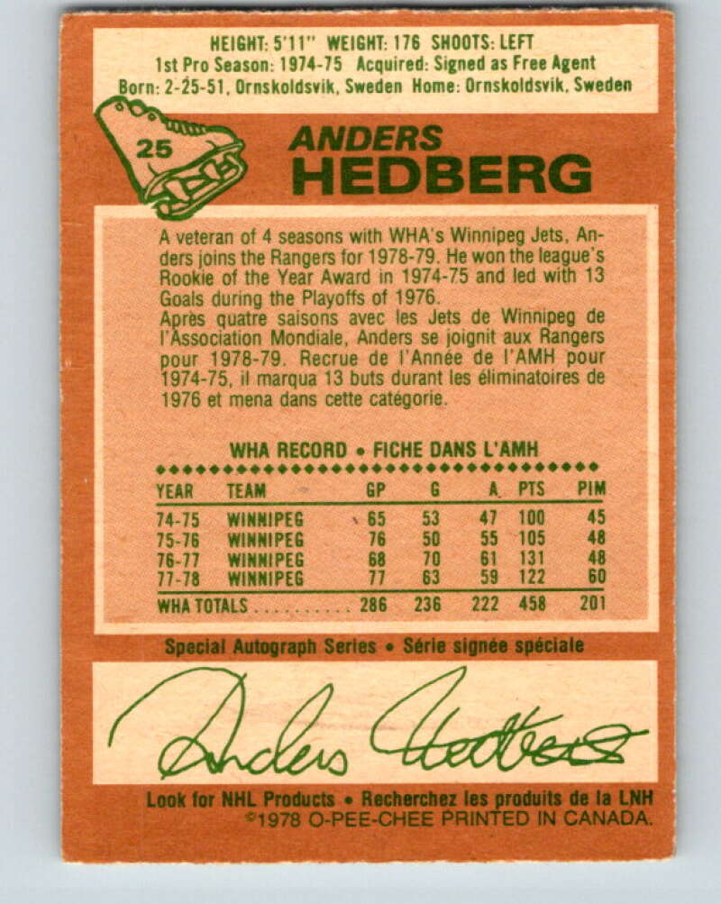 1978-79 O-Pee-Chee #25 Anders Hedberg  New York Rangers  V21127