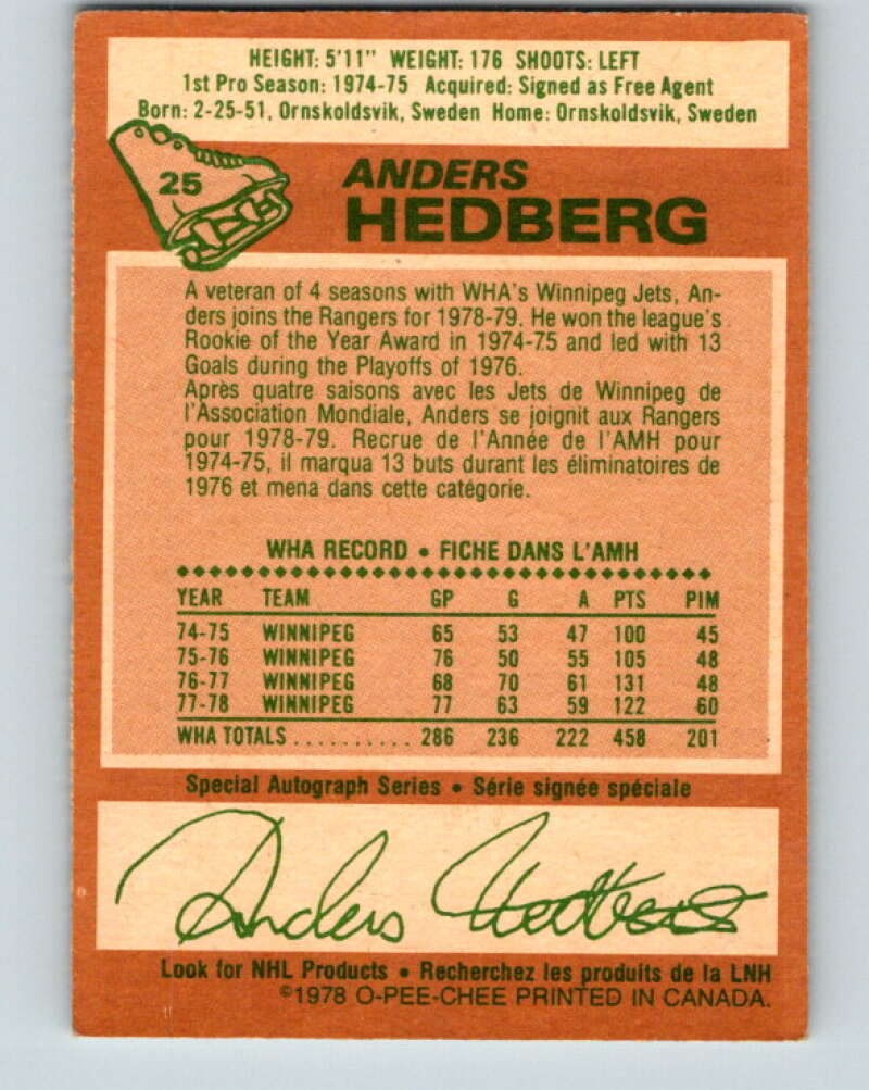 1978-79 O-Pee-Chee #25 Anders Hedberg  New York Rangers  V21128