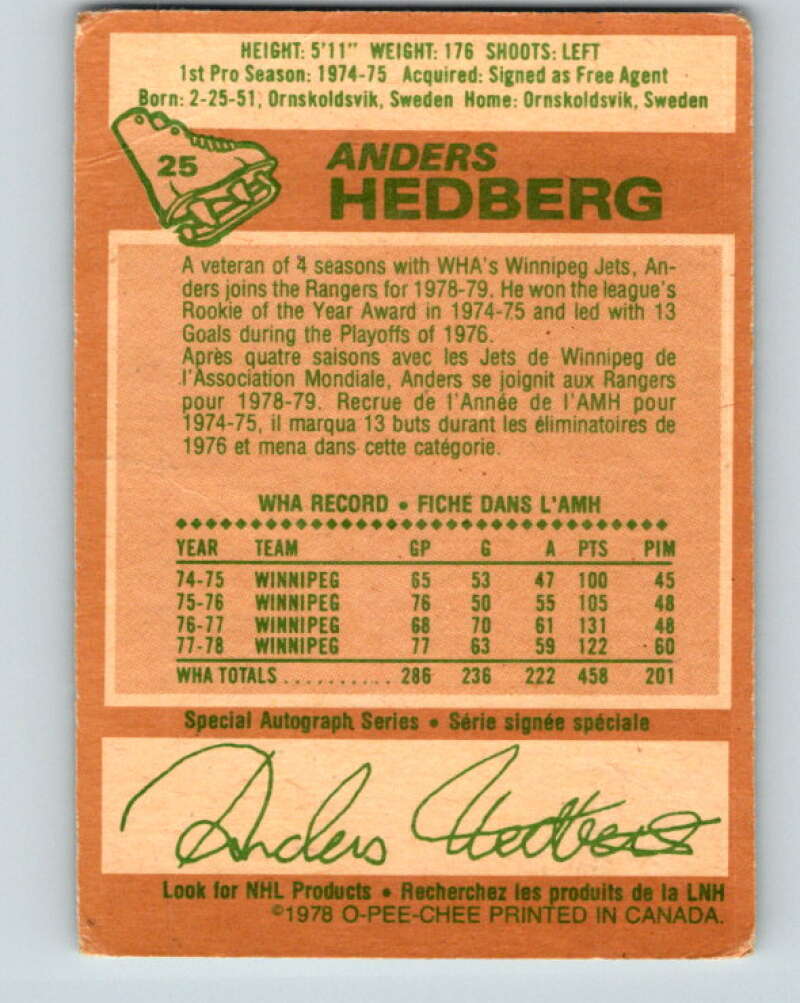 1978-79 O-Pee-Chee #25 Anders Hedberg  New York Rangers  V21129