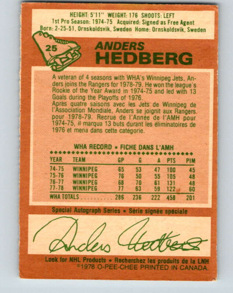 1978-79 O-Pee-Chee #25 Anders Hedberg  New York Rangers  V21130