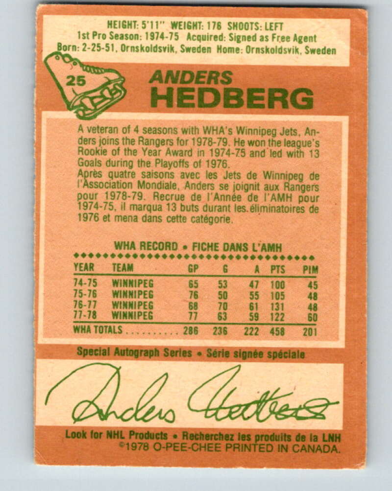 1978-79 O-Pee-Chee #25 Anders Hedberg  New York Rangers  V21131