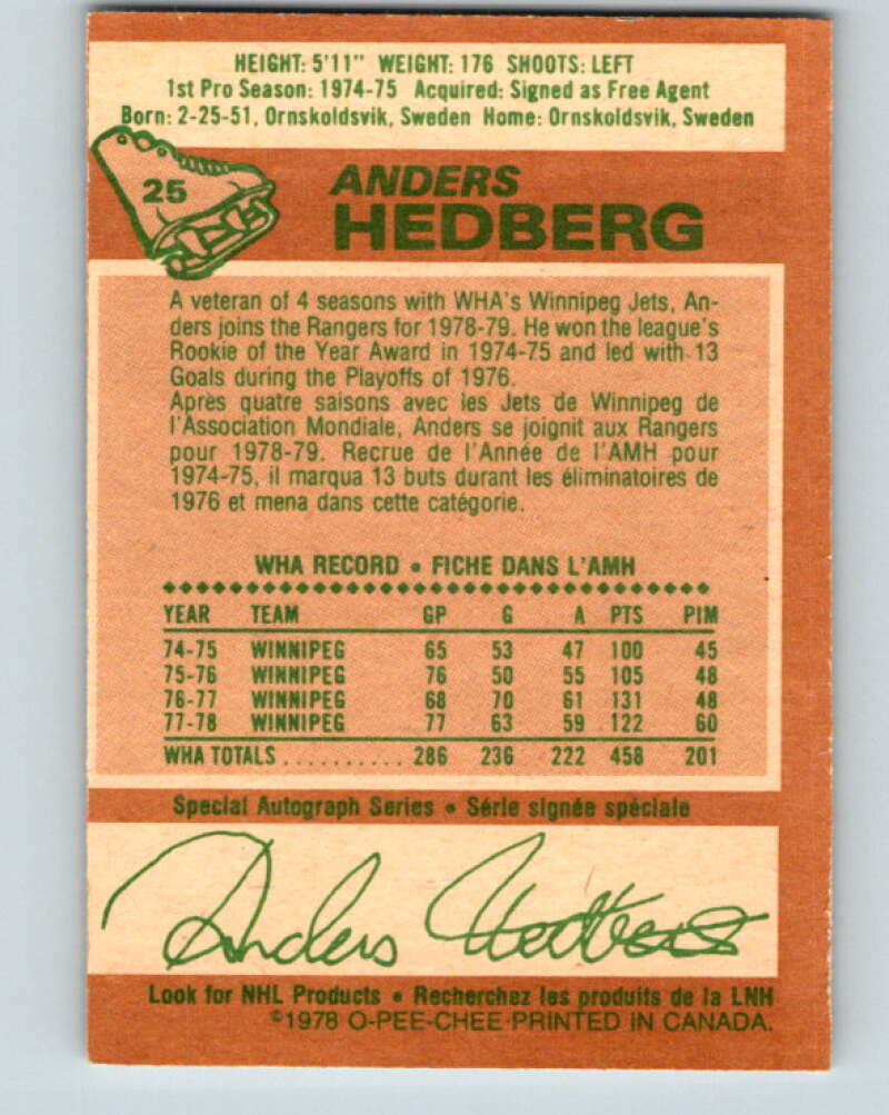 1978-79 O-Pee-Chee #25 Anders Hedberg  New York Rangers  V21132