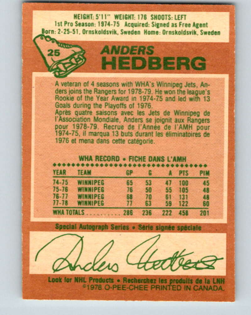 1978-79 O-Pee-Chee #25 Anders Hedberg  New York Rangers  V21133