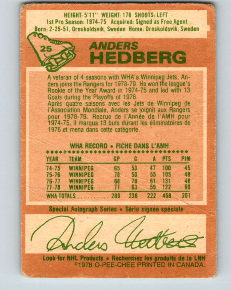 1978-79 O-Pee-Chee #25 Anders Hedberg  New York Rangers  V21135