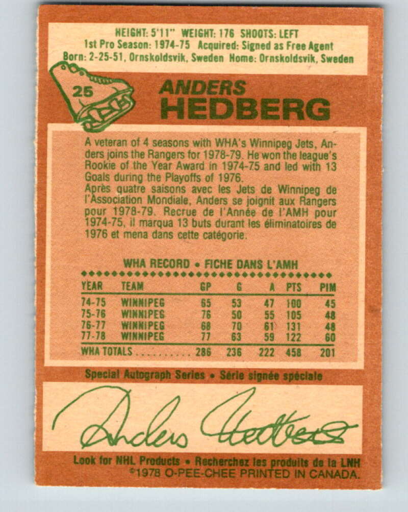 1978-79 O-Pee-Chee #25 Anders Hedberg  New York Rangers  V21136