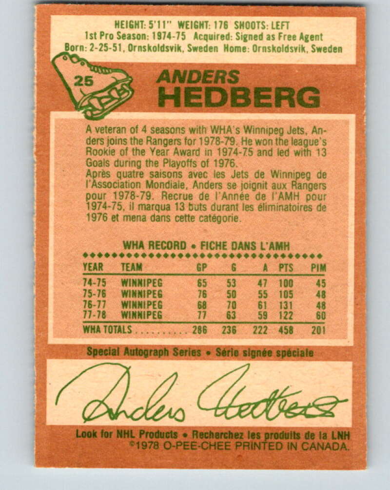 1978-79 O-Pee-Chee #25 Anders Hedberg  New York Rangers  V21137