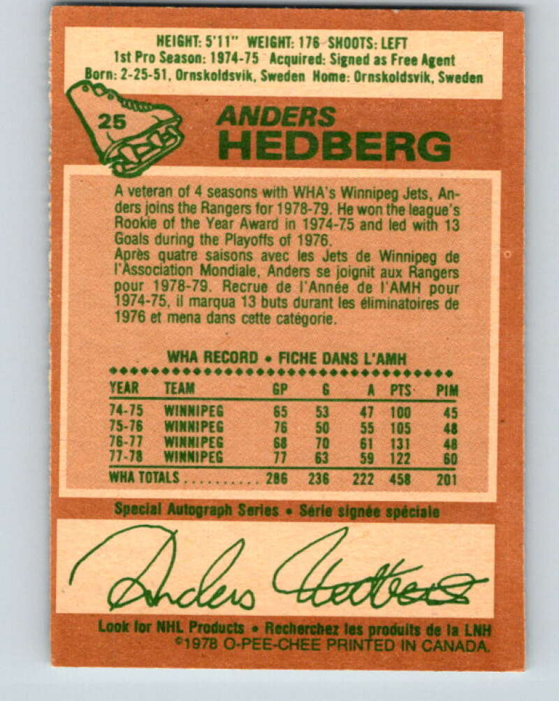 1978-79 O-Pee-Chee #25 Anders Hedberg  New York Rangers  V21138