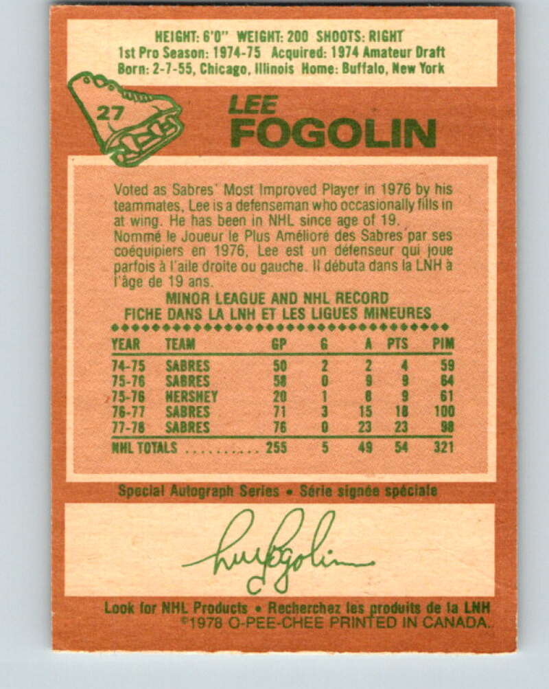 1978-79 O-Pee-Chee #27 Lee Fogolin  Buffalo Sabres  V21155