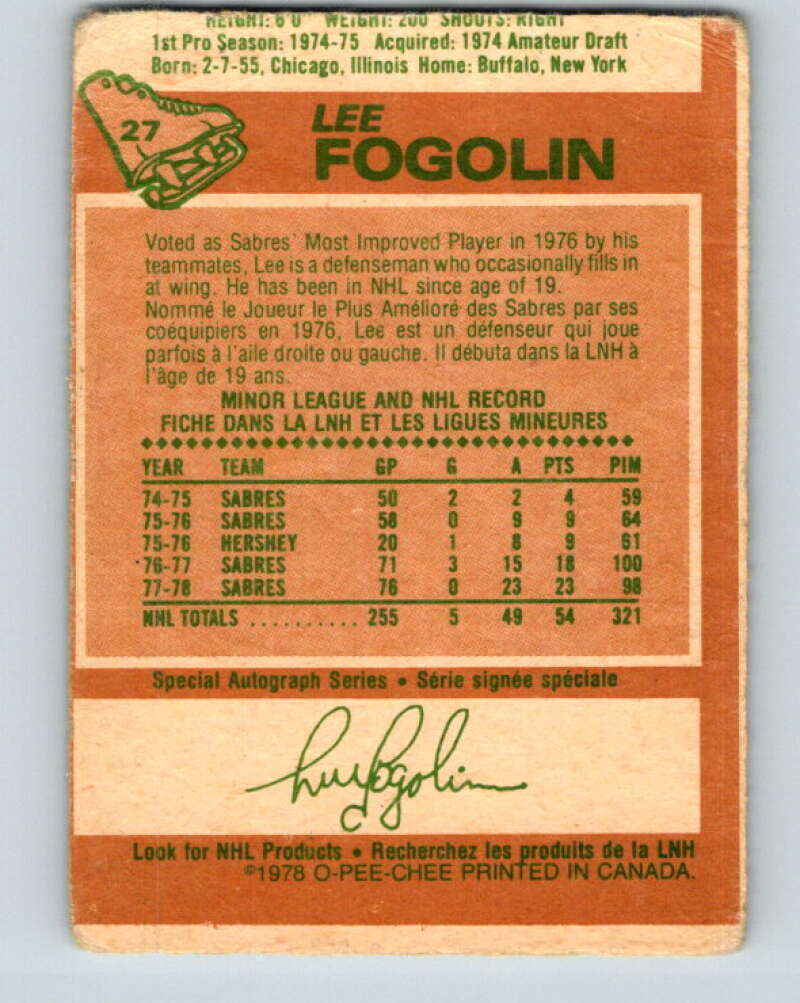 1978-79 O-Pee-Chee #27 Lee Fogolin  Buffalo Sabres  V21157