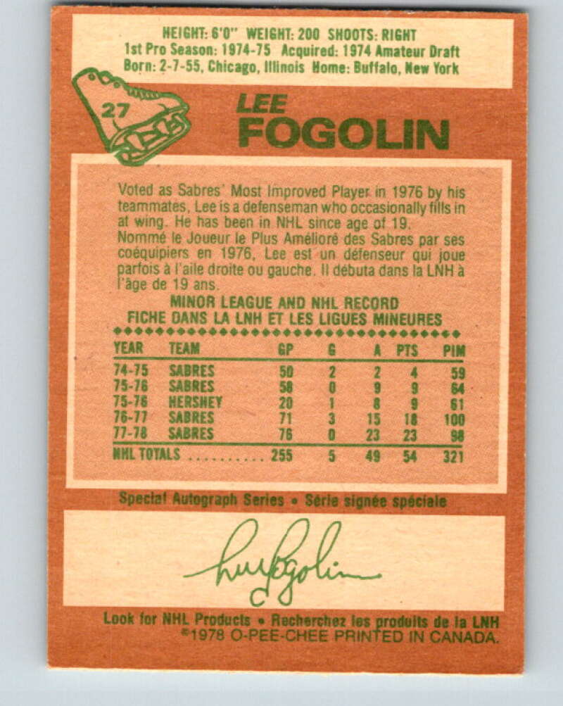 1978-79 O-Pee-Chee #27 Lee Fogolin  Buffalo Sabres  V21159
