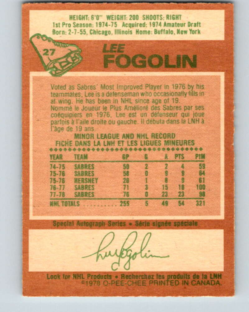 1978-79 O-Pee-Chee #27 Lee Fogolin  Buffalo Sabres  V21161