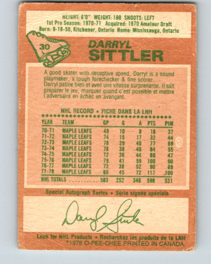 1978-79 O-Pee-Chee #30 Darryl Sittler AS  Toronto Maple Leafs  V21203