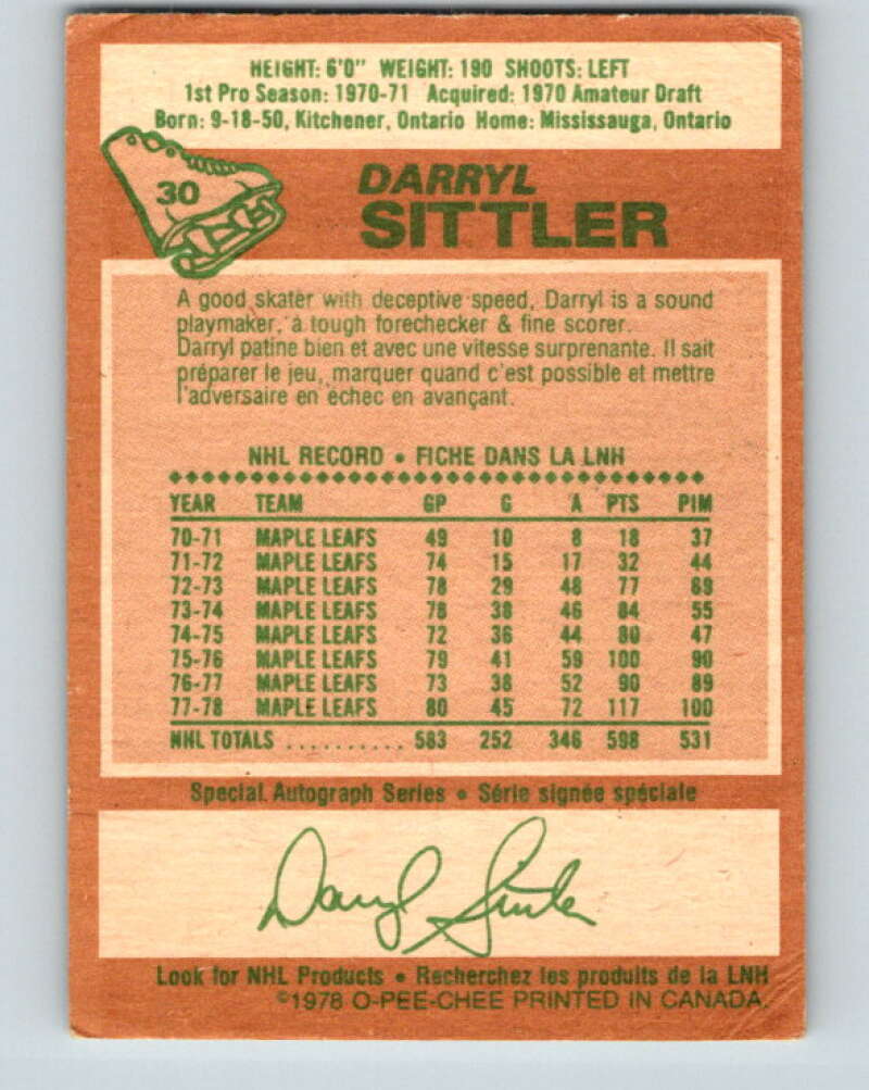 1978-79 O-Pee-Chee #30 Darryl Sittler AS  Toronto Maple Leafs  V21204