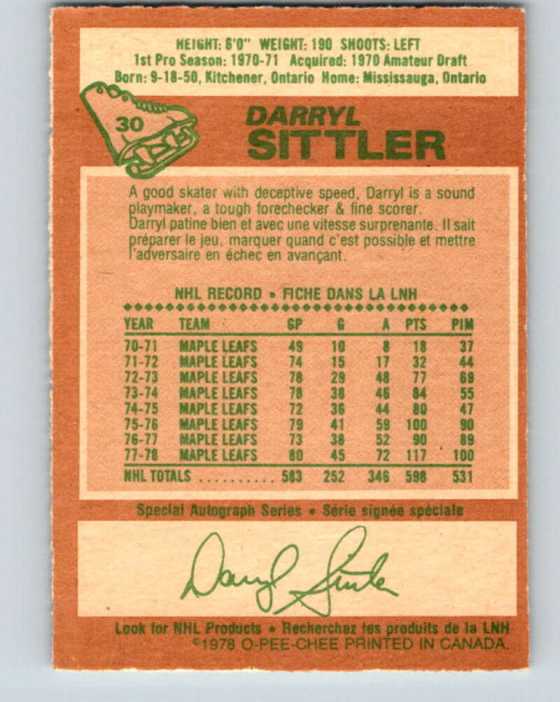 1978-79 O-Pee-Chee #30 Darryl Sittler AS  Toronto Maple Leafs  V21210