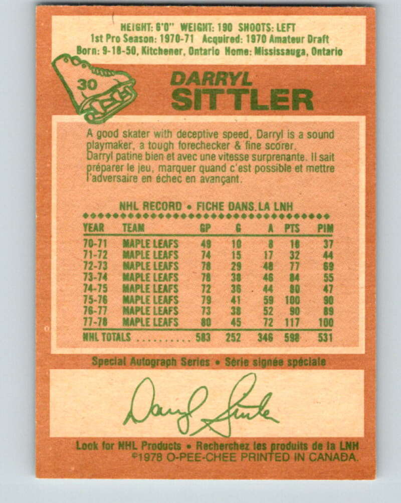 1978-79 O-Pee-Chee #30 Darryl Sittler AS  Toronto Maple Leafs  V21213
