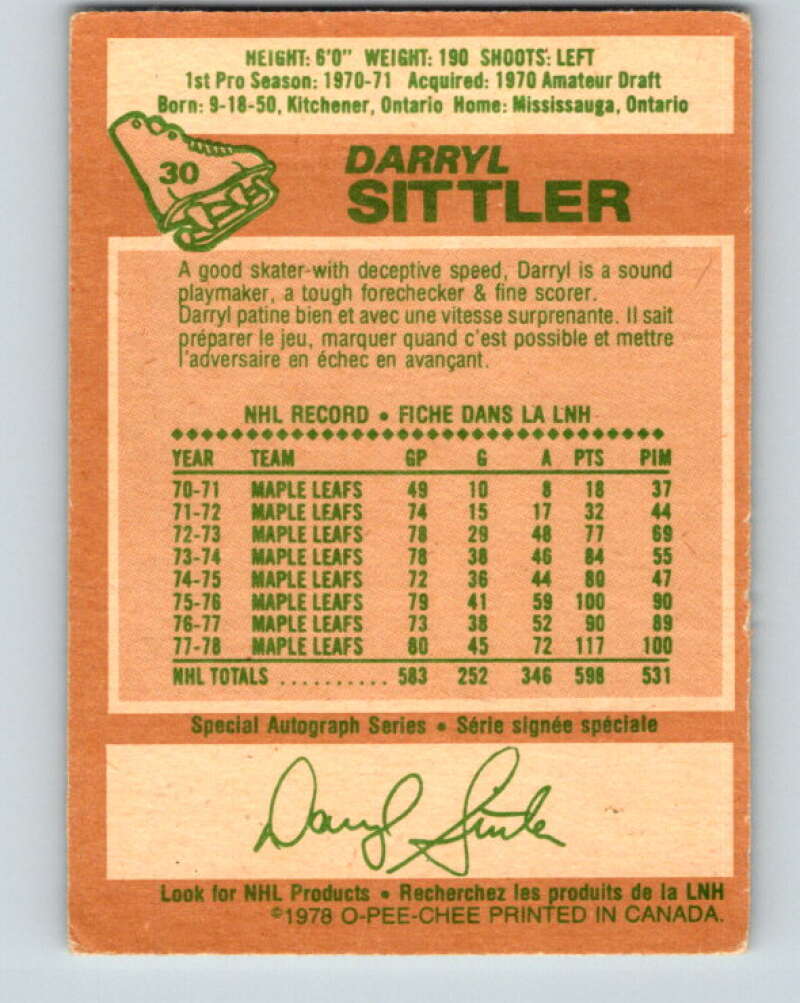 1978-79 O-Pee-Chee #30 Darryl Sittler AS  Toronto Maple Leafs  V21215