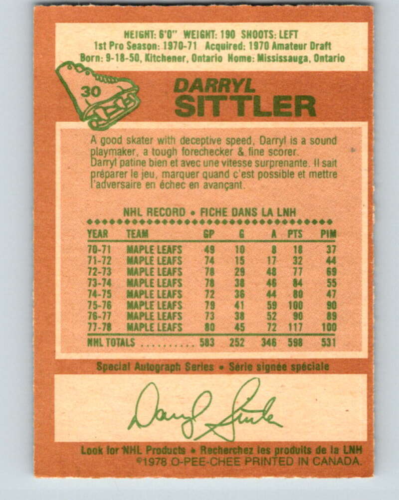 1978-79 O-Pee-Chee #30 Darryl Sittler AS  Toronto Maple Leafs  V21217