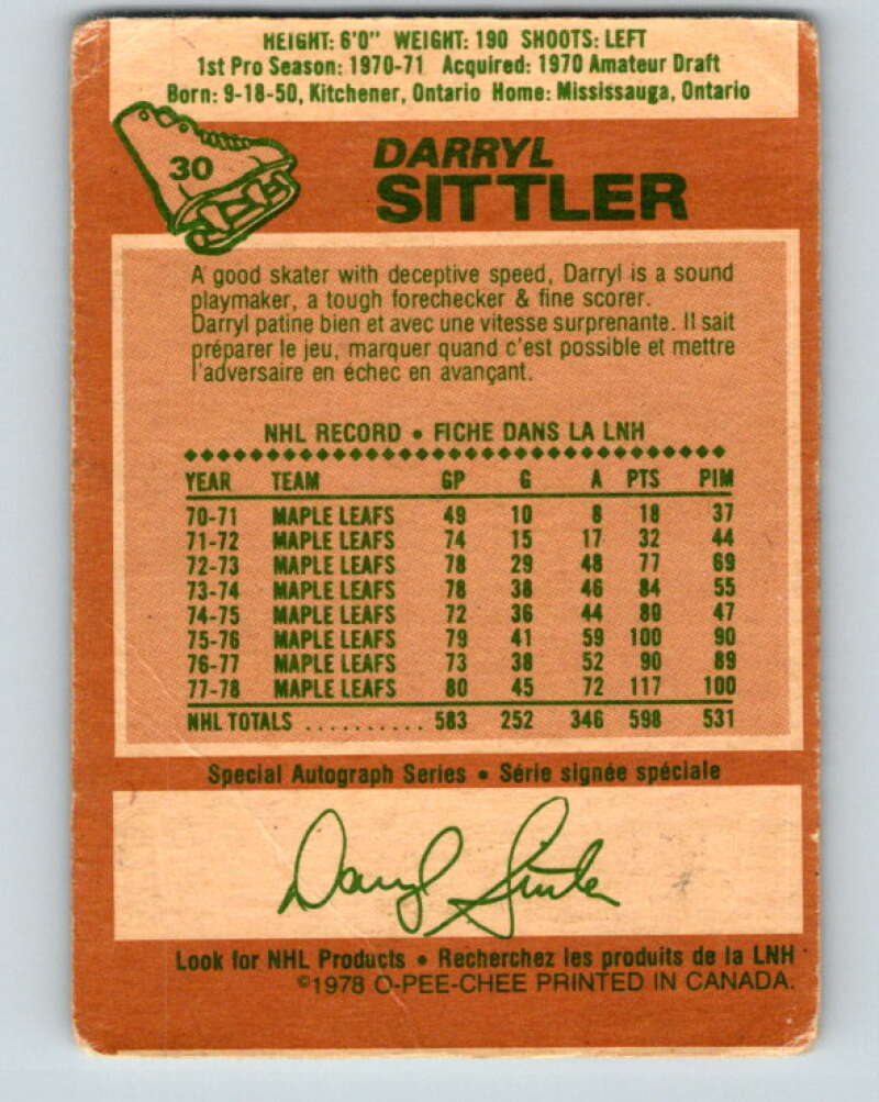 1978-79 O-Pee-Chee #30 Darryl Sittler AS  Toronto Maple Leafs  V21220