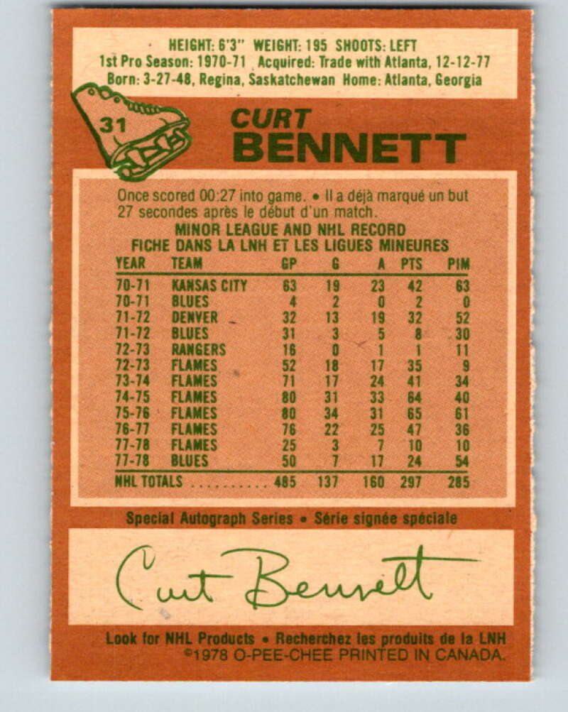 1978-79 O-Pee-Chee #31 Curt Bennett  St. Louis Blues  V21224