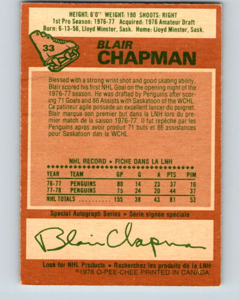 1978-79 O-Pee-Chee #33 Blair Chapman  Pittsburgh Penguins  V21254