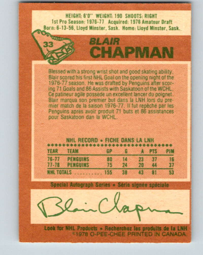 1978-79 O-Pee-Chee #33 Blair Chapman  Pittsburgh Penguins  V21255