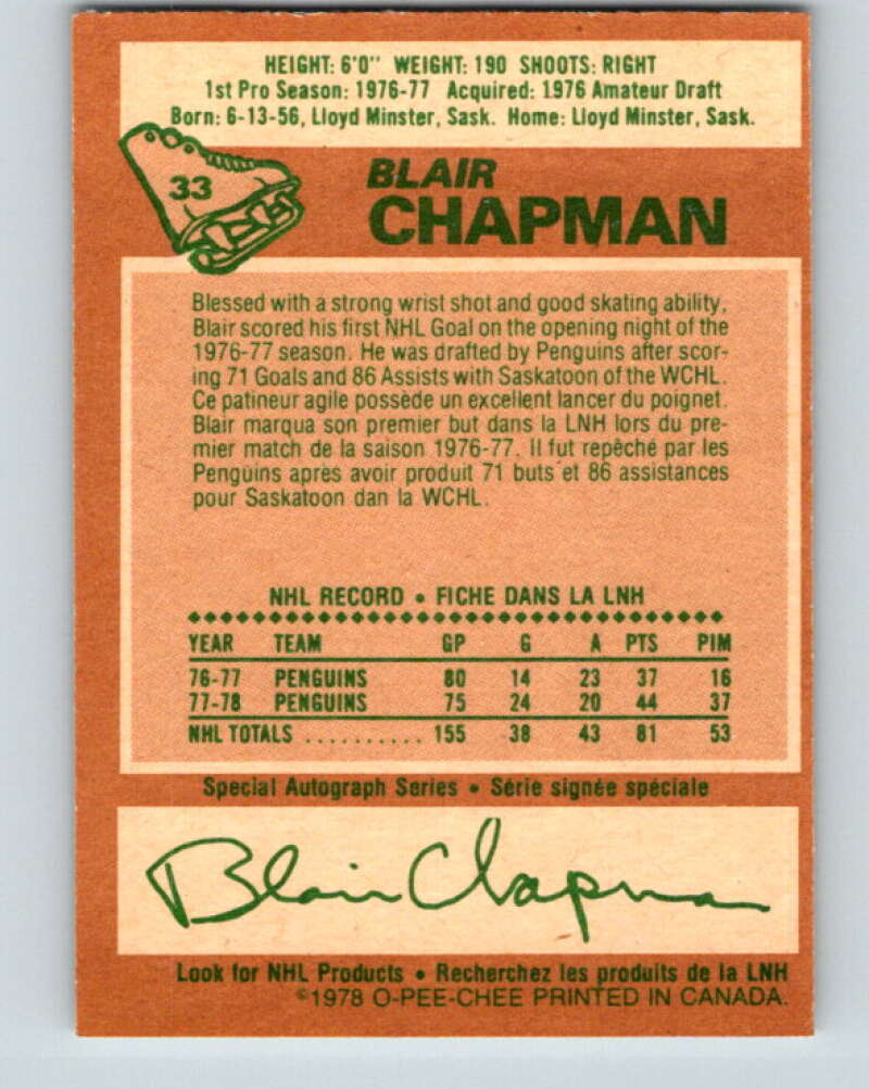 1978-79 O-Pee-Chee #33 Blair Chapman  Pittsburgh Penguins  V21257
