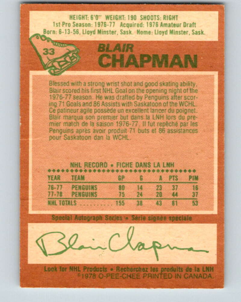 1978-79 O-Pee-Chee #33 Blair Chapman  Pittsburgh Penguins  V21259