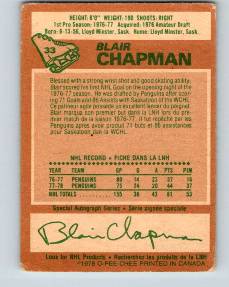 1978-79 O-Pee-Chee #33 Blair Chapman  Pittsburgh Penguins  V21260
