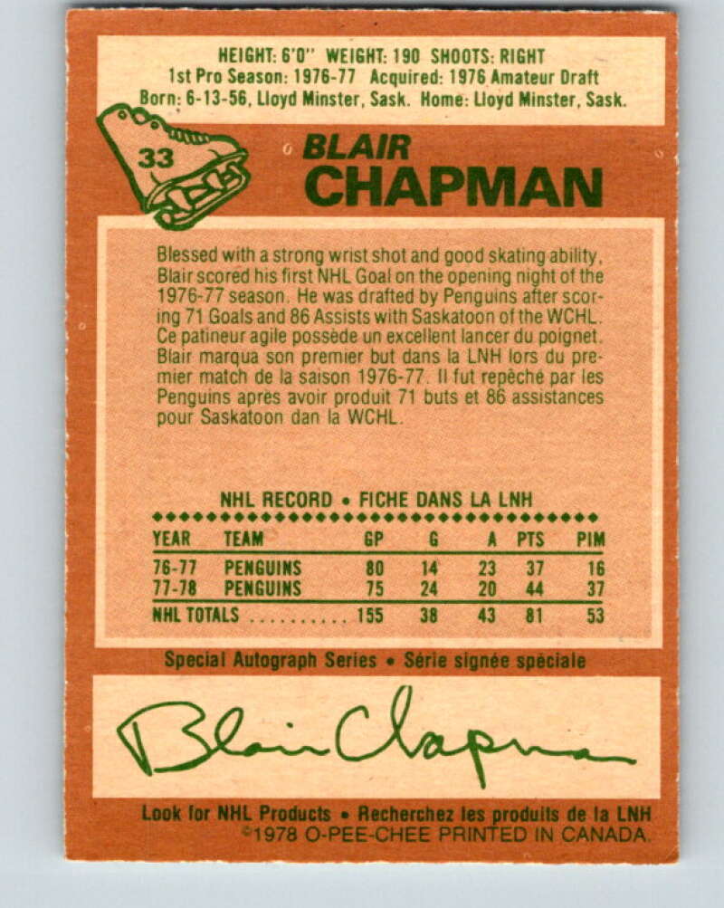 1978-79 O-Pee-Chee #33 Blair Chapman  Pittsburgh Penguins  V21261