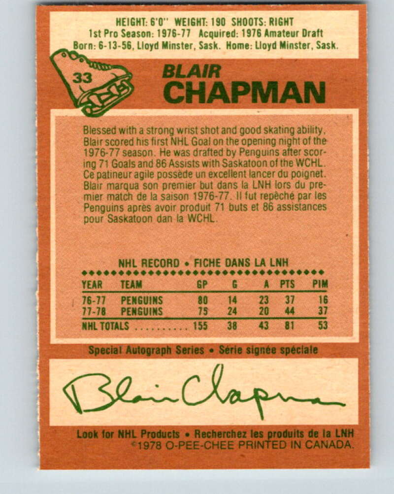 1978-79 O-Pee-Chee #33 Blair Chapman  Pittsburgh Penguins  V21262