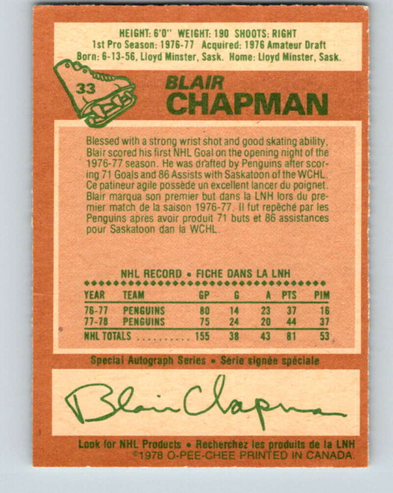 1978-79 O-Pee-Chee #33 Blair Chapman  Pittsburgh Penguins  V21263