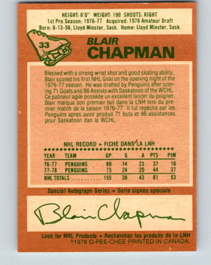 1978-79 O-Pee-Chee #33 Blair Chapman  Pittsburgh Penguins  V21264