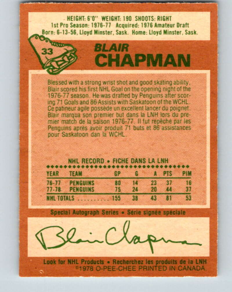 1978-79 O-Pee-Chee #33 Blair Chapman  Pittsburgh Penguins  V21266