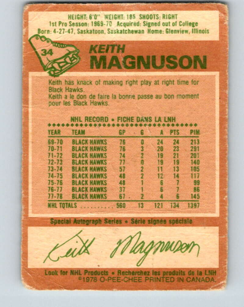 1978-79 O-Pee-Chee #34 Keith Magnuson  Chicago Blackhawks  V21273