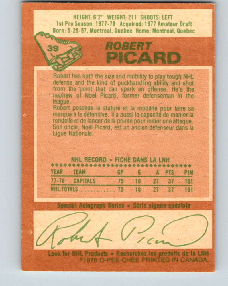1978-79 O-Pee-Chee #39 Robert Picard RC Rookie Capitals  V21349