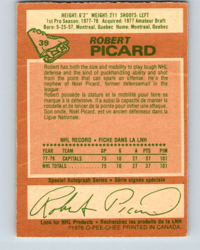 1978-79 O-Pee-Chee #39 Robert Picard RC Rookie Capitals  V21356