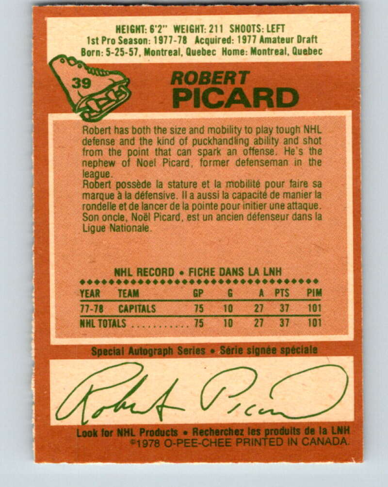 1978-79 O-Pee-Chee #39 Robert Picard RC Rookie Capitals  V21361