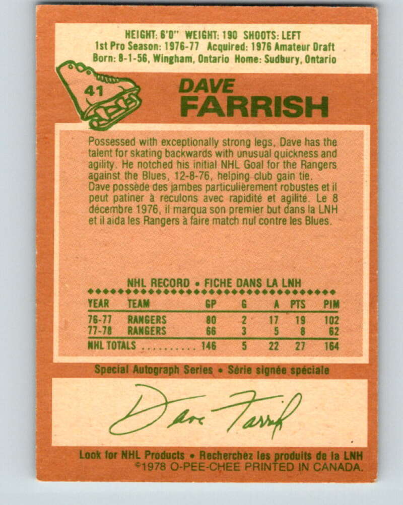 1978-79 O-Pee-Chee #41 Dave Farrish  New York Rangers  V21382