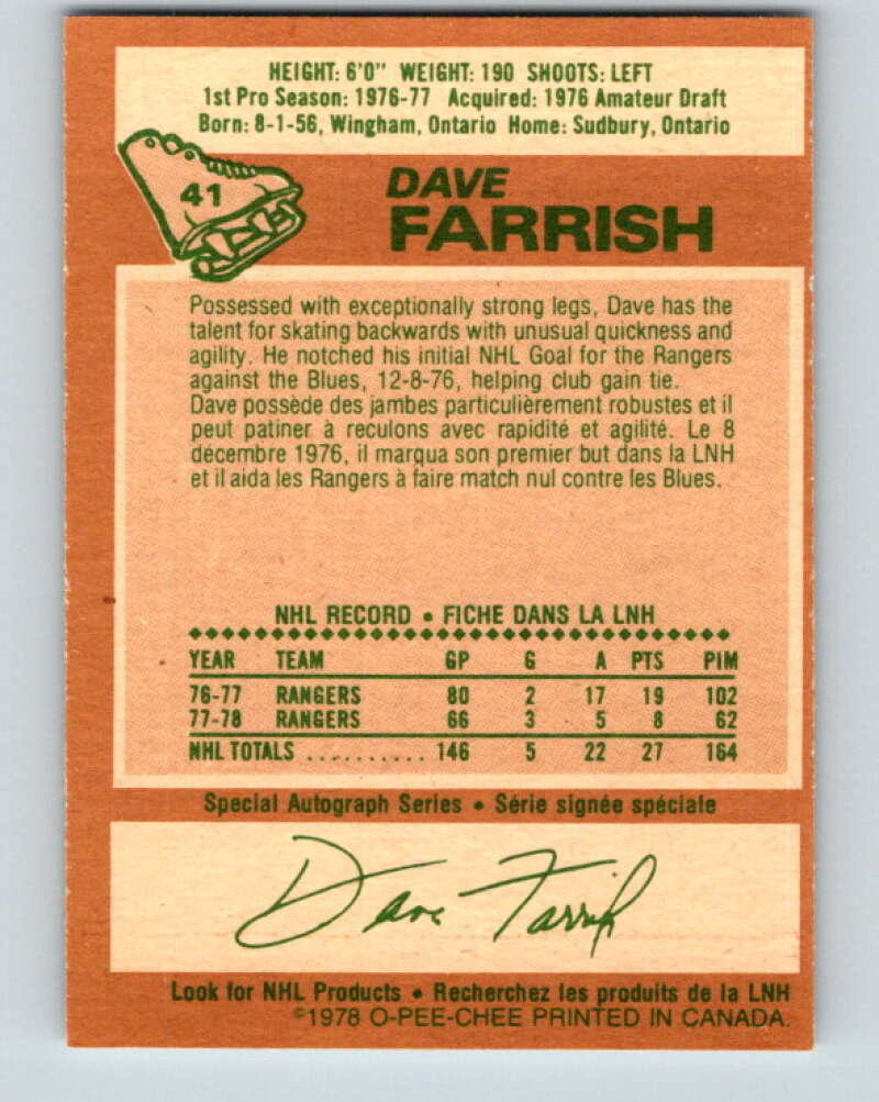 1978-79 O-Pee-Chee #41 Dave Farrish  New York Rangers  V21386