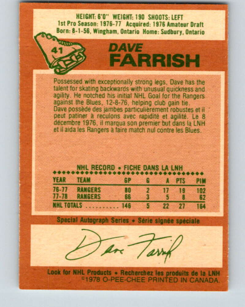 1978-79 O-Pee-Chee #41 Dave Farrish  New York Rangers  V21387