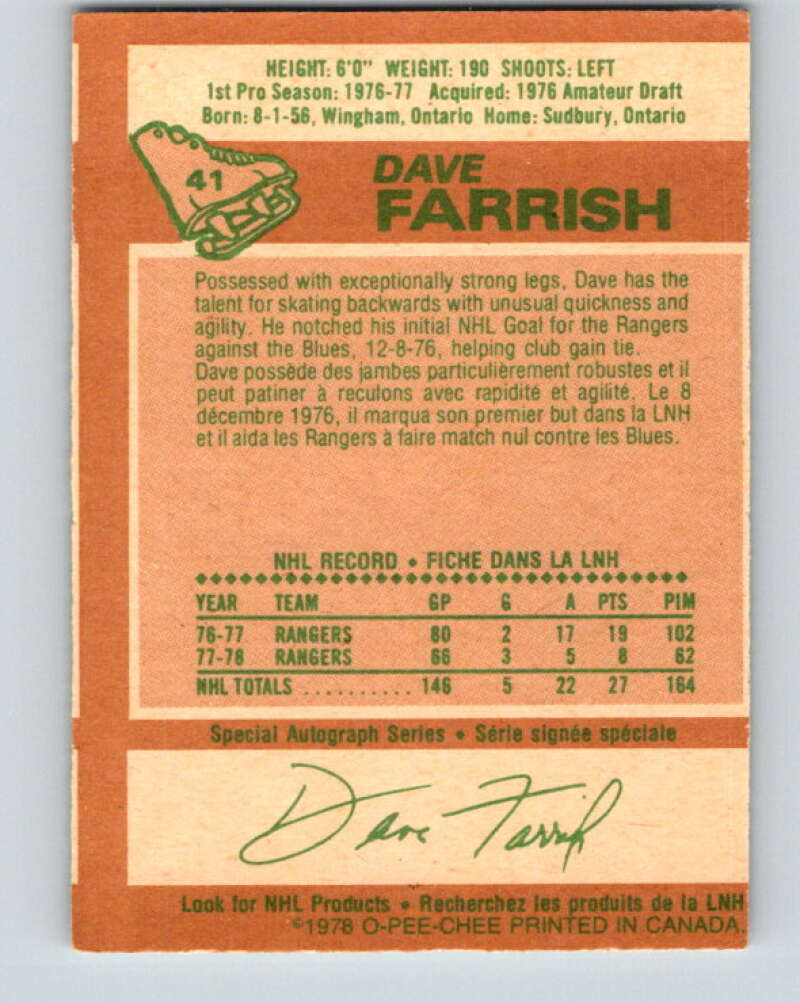 1978-79 O-Pee-Chee #41 Dave Farrish  New York Rangers  V21389