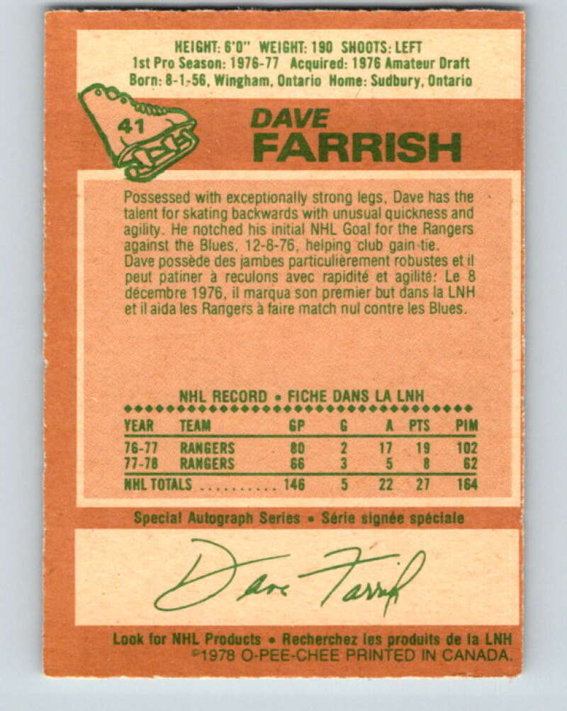 1978-79 O-Pee-Chee #41 Dave Farrish  New York Rangers  V21390