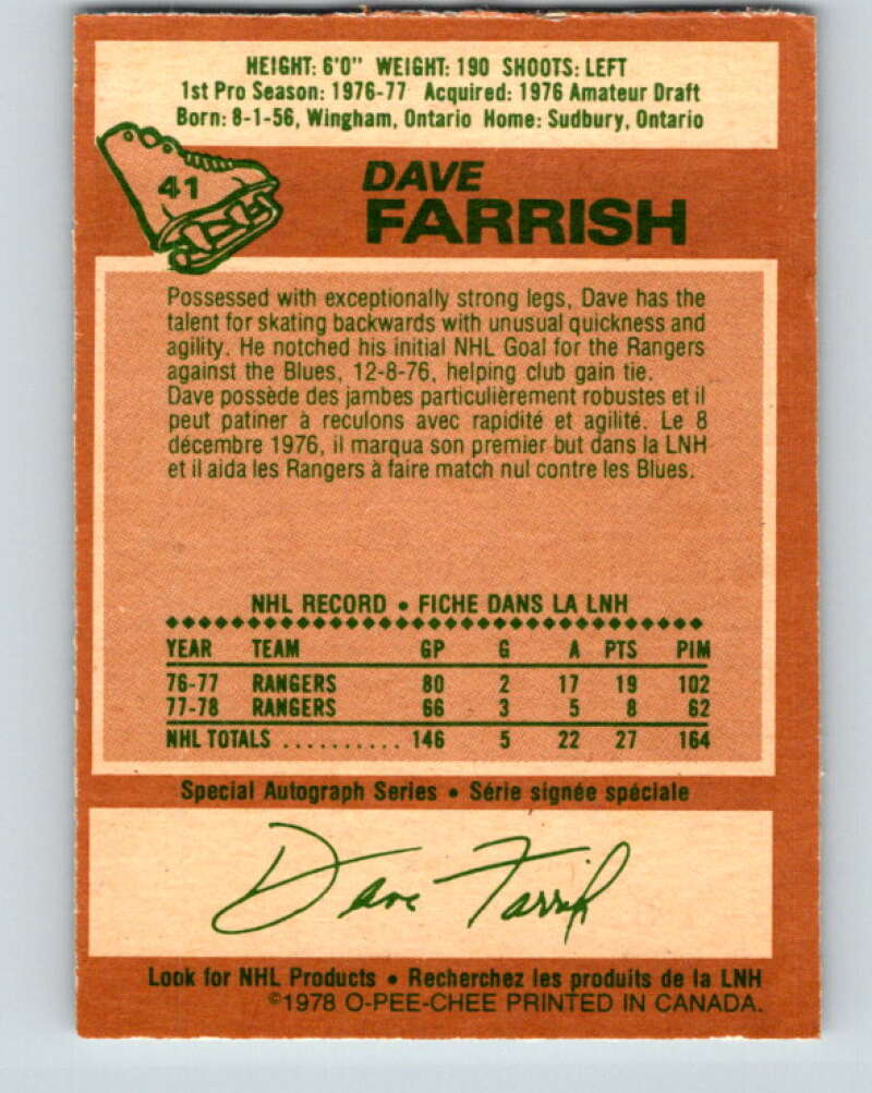 1978-79 O-Pee-Chee #41 Dave Farrish  New York Rangers  V21391