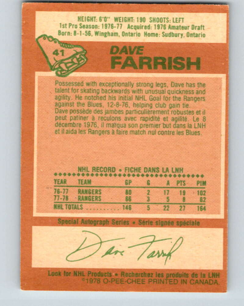 1978-79 O-Pee-Chee #41 Dave Farrish  New York Rangers  V21393