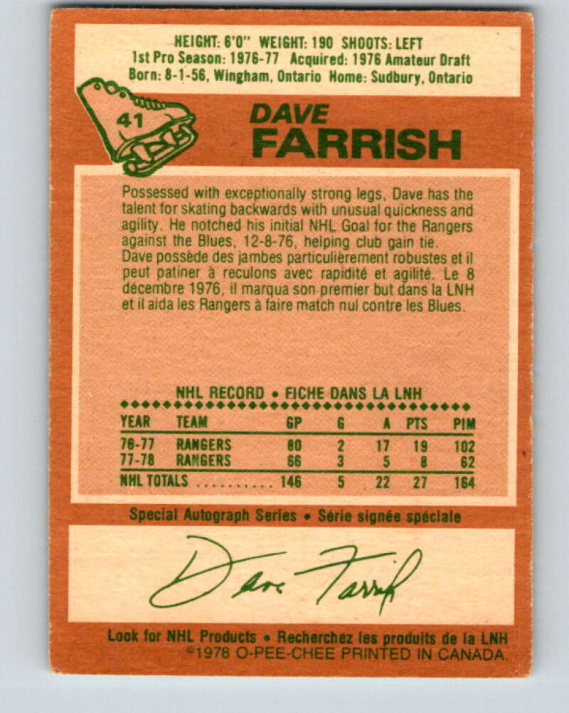 1978-79 O-Pee-Chee #41 Dave Farrish  New York Rangers  V21397