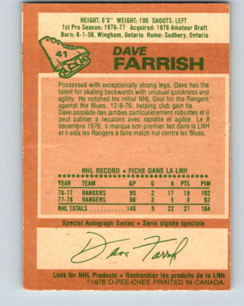 1978-79 O-Pee-Chee #41 Dave Farrish  New York Rangers  V21399