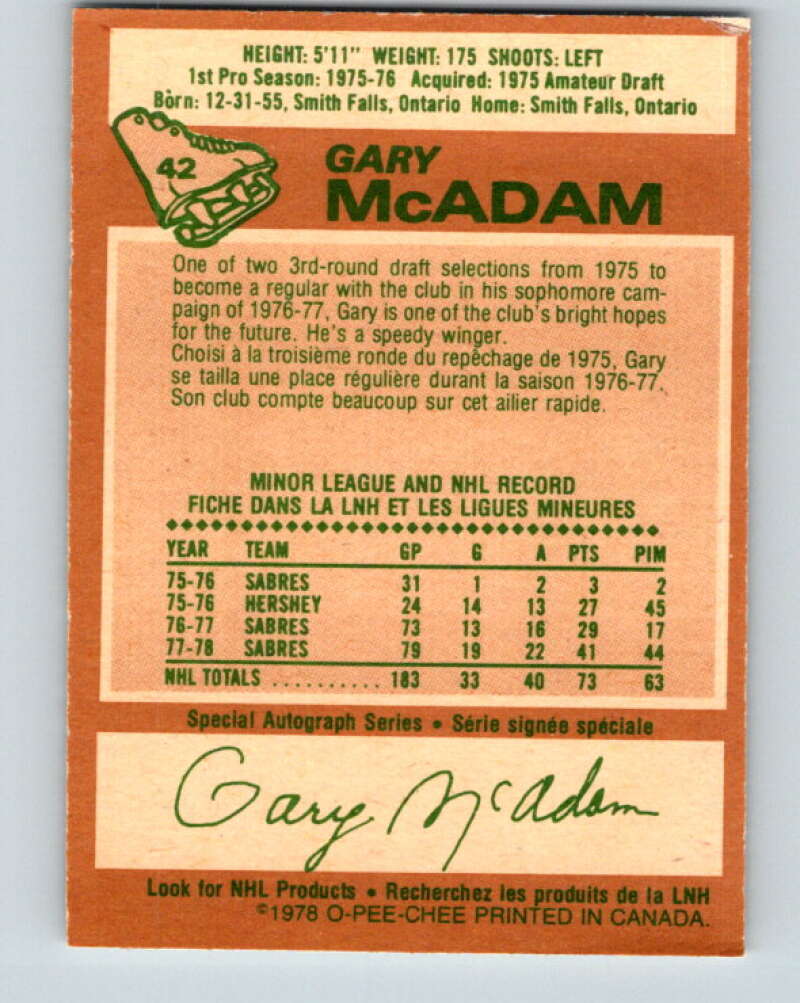 1978-79 O-Pee-Chee #42 Gary McAdam  Buffalo Sabres  V21400